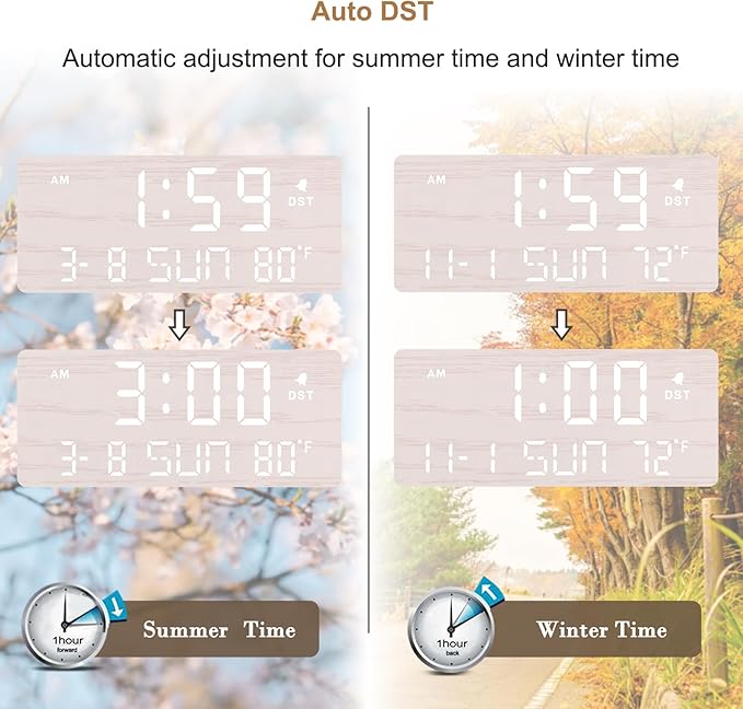 DreamSky Wooden Digital Alarm Clocks for Bedrooms - Living Room Desk Clock with Date and Day of Week, Temperature, USB Port, Dimmer Wheel, Adjustable Volume, Auto DST, Wood Decor for Office Table