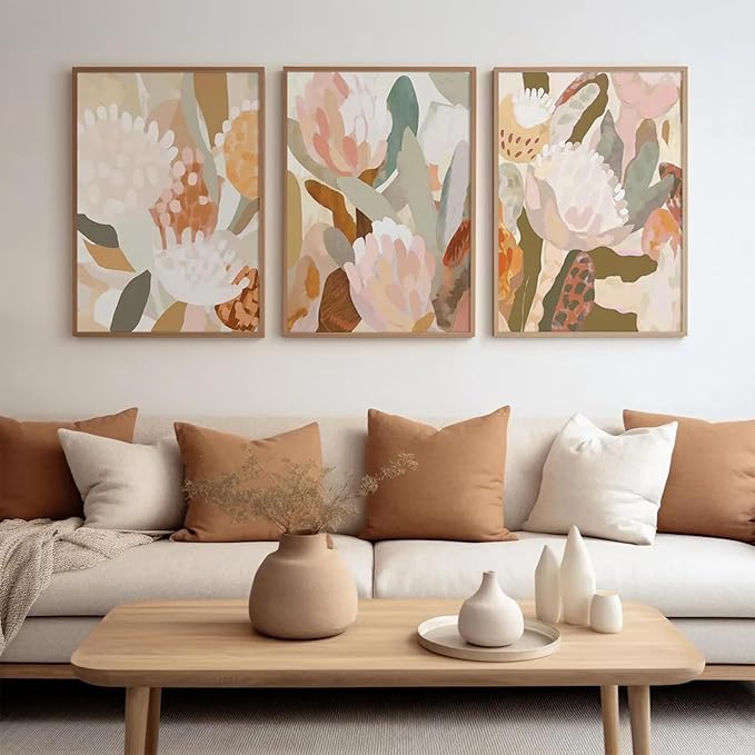 Abstract Flower Wall Art Boho Floral Wall Decor Modern Botanical Canvas Prints Neutral Banksia Flower Pictures Minimalist Floral Poster Painting for Bedroom Living Room 12x16 Inch Unframed Set of 3