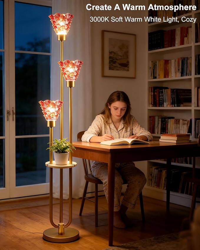 3-Light Modern Glass Floor Lamp with Shelf, Gold Tall Standing Lamp with Pomegranate Red Flower Glass Shade, LED Floor Lamp with Foot Switch for Living Room Bedroom Home Decor, Bulb Included