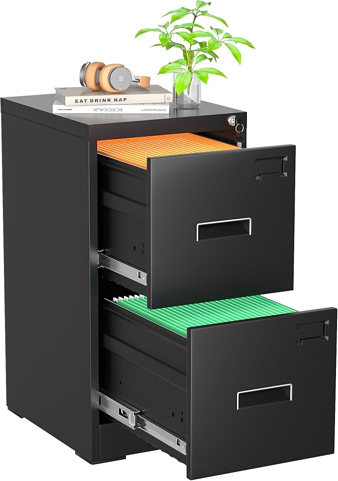 Superday 2 Drawer File Cabinets, 18” D Vertical File Cabinet with Lock, Locking Filing Cabinet for Home Office, Black Metal Filing Cabinets for Hanging Letter/Legal Folders, Easy Assemble