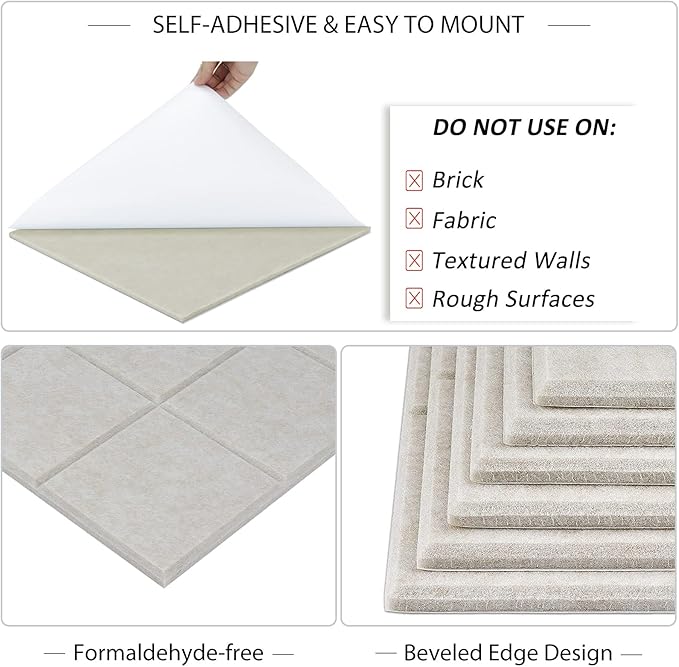 BXI Felt Bulletin Board - 12 X 12 X 3/8 Inches 6 Pcs Self-Adhesive Poster Cork Board with 30 Push Pins, Thick Pin Tiles Display Vision Board, Photo Picture Panels for Home Office Classroom Walls
