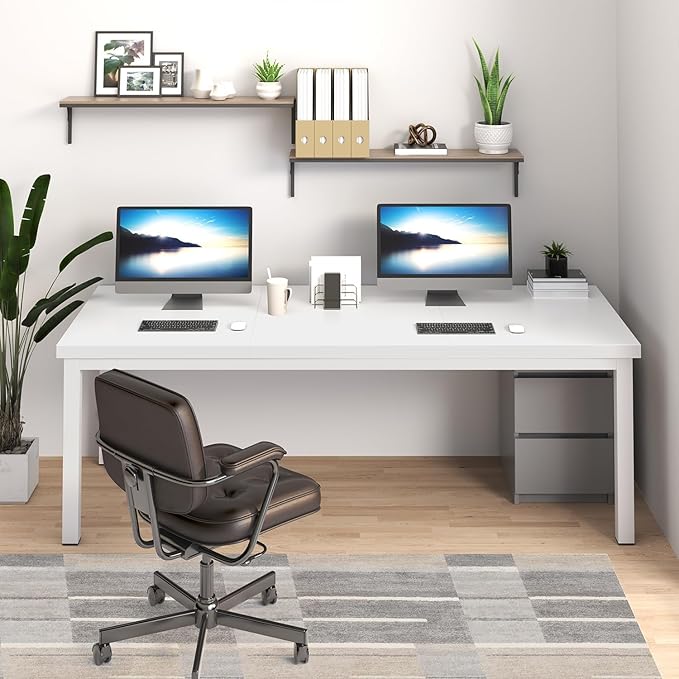 Long Computer Desk for 2 People, 70 Inch Large Double Desk with Deep Desktop,Modern White Computer Desk for Home Office Workstation