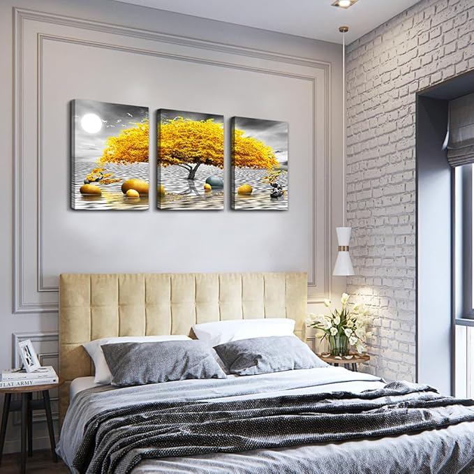 Wall decorations for living room Canvas Wall Art for bedroom Abstract wall decor Black and white Canvas Art Yellow tree paintings bathroom Home Decoration 3 Piece Hang Pictures Office Wall Artworks
