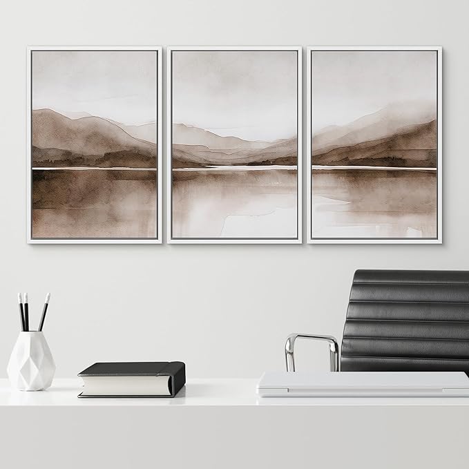 SIGNWIN Framed Canvas Print Wall Art Mountain Landscape Modern Minimalist Brown and Gray Watercolor Nature Wilderness Modern Art Cool for Living Room, Bedroom, Office - 16"x24"x3 White