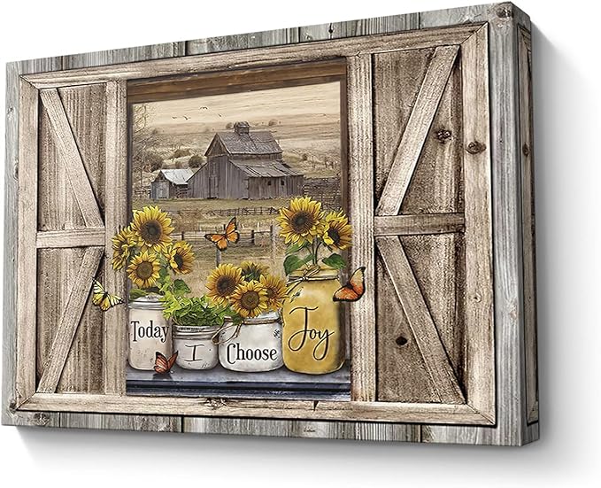 Parylore Sunflower Wall Art Canvas Print Rustic Wall Decor Faux Barn Doors Sunflower Jars On Barn Painting Picture Framed Modern Farmhouse Artwork for Living Room Bathroom Office Home Decor 16x24 In
