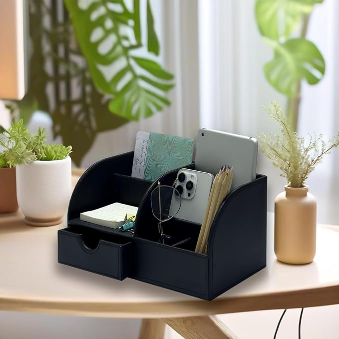 UnionBasic Desk Organizer - Multifunctional Leather Desktop Pen Holder Storage Box - Business Card/Pen/Pencil/Mobile Phone/Stationery Holder, Black