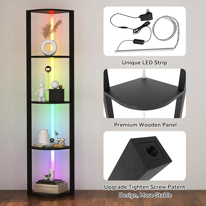 ROJASOP 5 Tiers Corner Shelf with Light Tall Display Shelf for Collectibles Control Multiple Color Lights via APP and Remote Control Floor Lamp with Shelf Supports Dimming for Living Room Bedroom Home