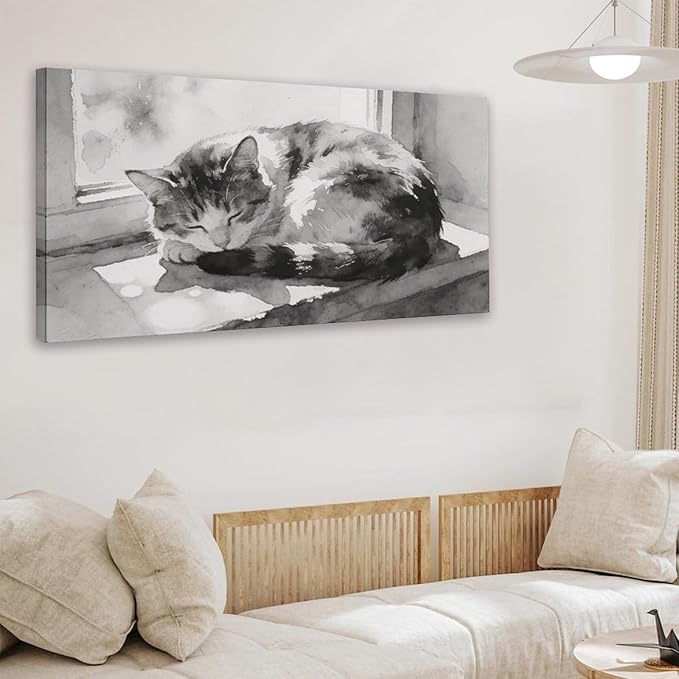 Black White Cat Framed Canvas Wall Art for Bedroom, Minimalist Animal Wall Decor 48" L x 24" W