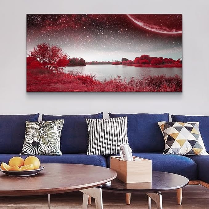 Print Artwork Wall Art Decor Poster For Living Room Red Tree Moon Starry Sky Red Landscape Painting Bathroom Wall Art For Bedroom Canvas Prints Picture Works Ready To Hang Office Home Decorations