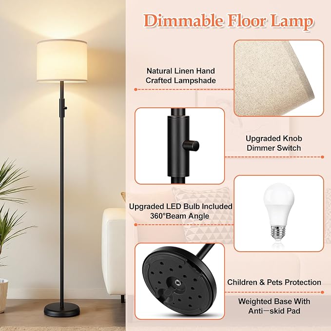 【Upgraded】 Dimmable Floor Lamp for Living Room,1000 Lumens Bulb Included, Modern Floor Lamps Simple Design with Linen Shade, Tall Standing Lamp for Bedroom Office Dining Room, Black Pole Lamp