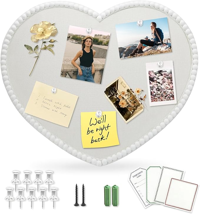 Large Heart-Shaped Linen Cork Bulletin Board with White Wood Frame, 24x19 Inch Decorative Memo & Photo Pin Board, Cute Vision Board for Home Office, Bedroom or Valentines Day Gifts Wall Decor