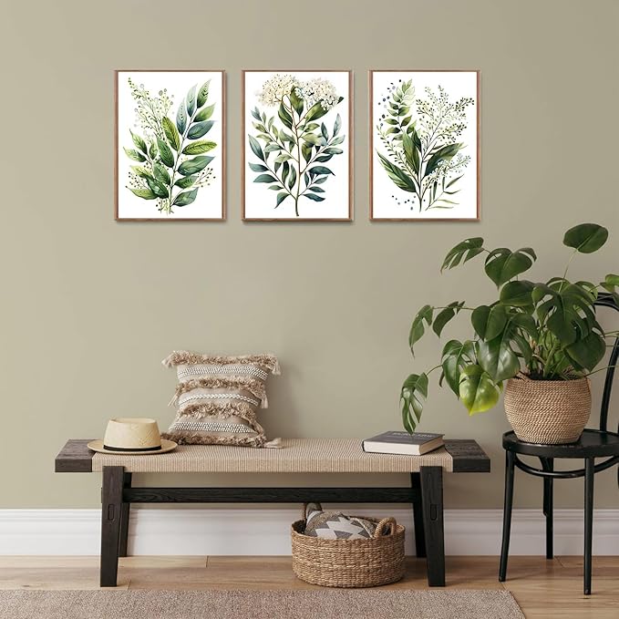 Bwodke Botanical Wall Art Plant Floral Watercolor Poster Canvas Prints Set of 3 Framed Sage Green Painting Eucalyptus Leaf Picture Modern Minimalist Home Decor Bedroom Bathroom Living Room 16"x24"