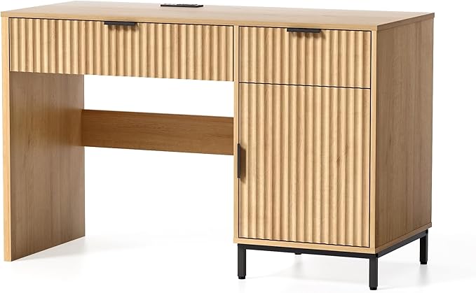 47" Executive Desk with Fluted Drawers, Wooden Home Office Desk with Storage Cabinet, Charging Station, Metal Legs Modern Farmhouse Computer Desk for Work, Study Natural Oak