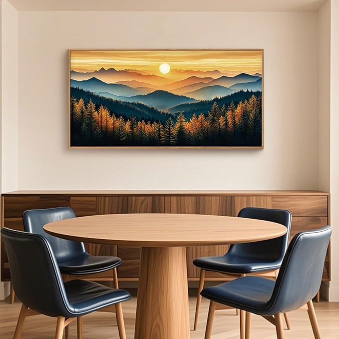 BICERE Large Abstract Sunrise Mountain Framed Canvas Wall Art,Boho Nature Forest Wall Decor,Foggy Pine Tree Wall Painting,Retro Landscape Artwork for Living Room,Bedroom,Dining Room,Office - 20"x40"x1