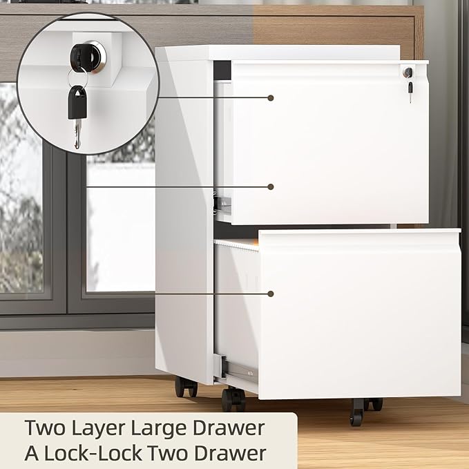 2 Drawer File Cabinet with Lock,Metal Filing Cabinet with Wheel,White Rolling File Cabinets,Moblie Under Desk Office Cabinets for Home Office,Fit A4/Letter/Legal