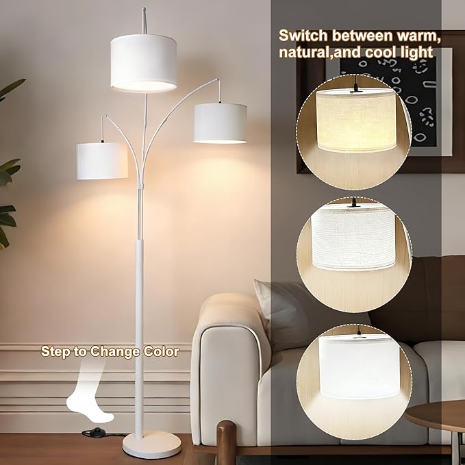Dimmable Arc Floor Lamp, White Pole Standing Lamp with White Shade and Heavy Base, Remote Control with Stpeless Color Temperatures and Brightness for Bedroom, Office