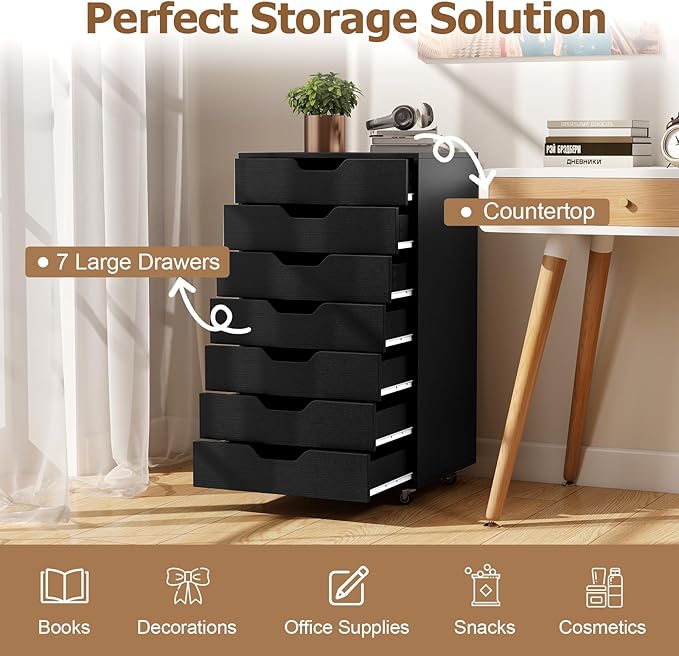 7 Drawers Filing Cabinet, Vertical File Cabinet for Home Office, Mobile Under Desk Office Storage Cabinets with Wheels (Black)