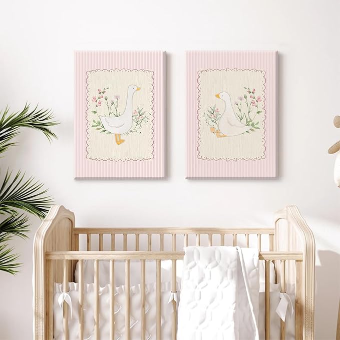 Vintage Nursery Wall Art Silly Goose Canvas Poster Pink Coquette Wall Decor Girls Room Pictures Baby Kids Poster Cute Animal Prints Floral Painting Artwork for Gallery Bedroom 16x24 Inch Ready to Hang