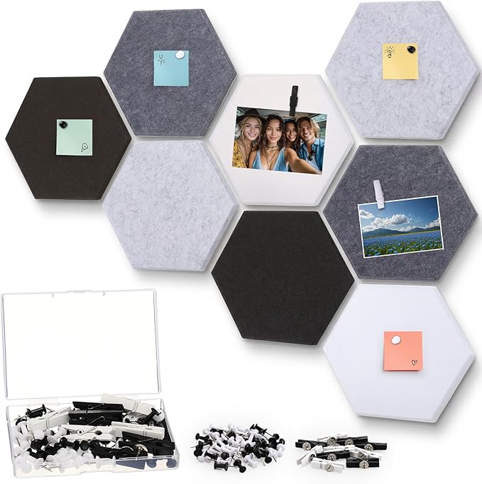 8 Pcs 12" Large Hexagon Felt Cork Bulletin Board Tiles Self Adhesive DIY Pin Board with 50 Push Pins and 10 Colored Clips, Wall Decor for Office Home Kitchen Photos Memos(Black White)