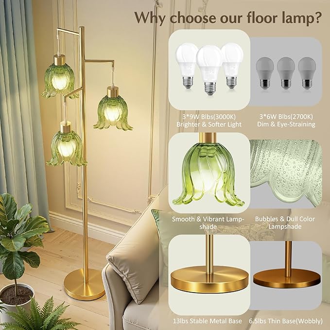 Gold Floor Lamp for Living Room,Bedroom,Tree 3 Light Standing Lamp Mid Century Modern Tall Floor Lamps Vintage Retro Floor Lights Unique Glass Green Flower Lamp Shade Farmhouse Boho Bohemian