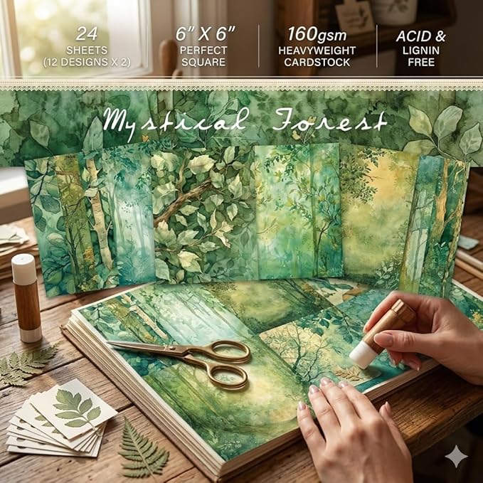 6x6 Scrapbook Paper Pad – Mystical Forest Botanical Green Designs, 24 Sheets (12 Designs x2), Single-Sided 160gsm Acid Free Cardstock for Card Making, Journaling & DIY Crafts