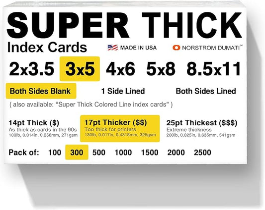 300 SUPER THICK index cards / 3"x5" / 17pt (0.017") 130lb / blank un-ruled/archival acid-free