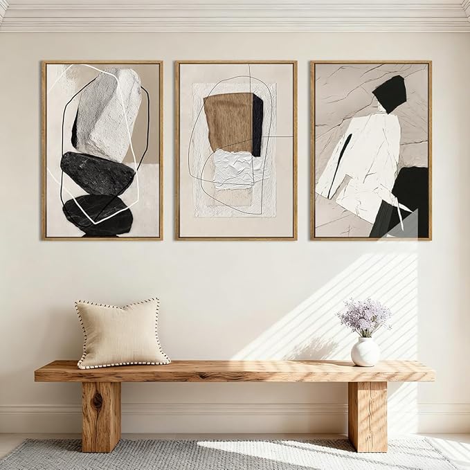 ANHUIB Large Abstract Wall Art Canvas,Black Beige Artwork,NeutralModern Framed Wall Art, Minimalist Geometric Painting,24x36 Inches Set of 3 for Living Room Bedroom