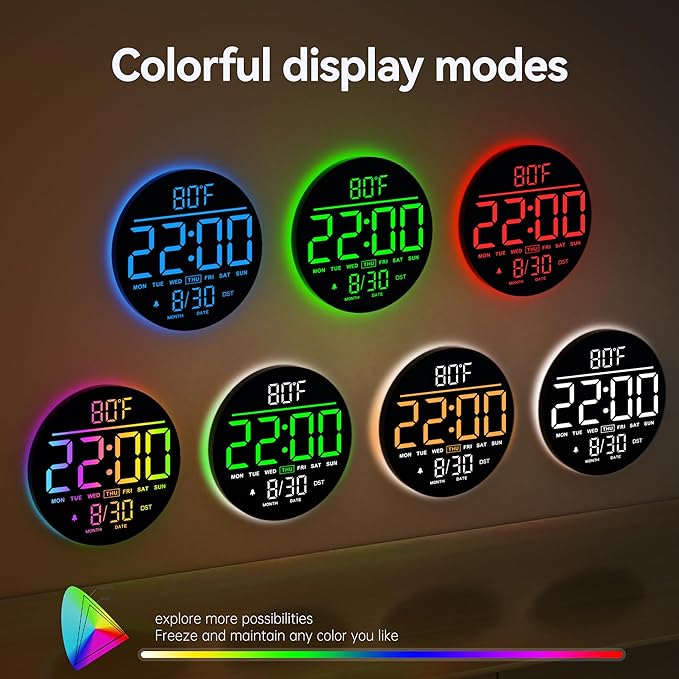 JALL 10" Large Digital Wall Clock with Seconds, Alarm Countdown Timer, Big LED Display, RGB Color, DST, Temperature, Mounted for Bedroom Living Room Office Classroom Gym, Xmas Birthday Gift, RGB