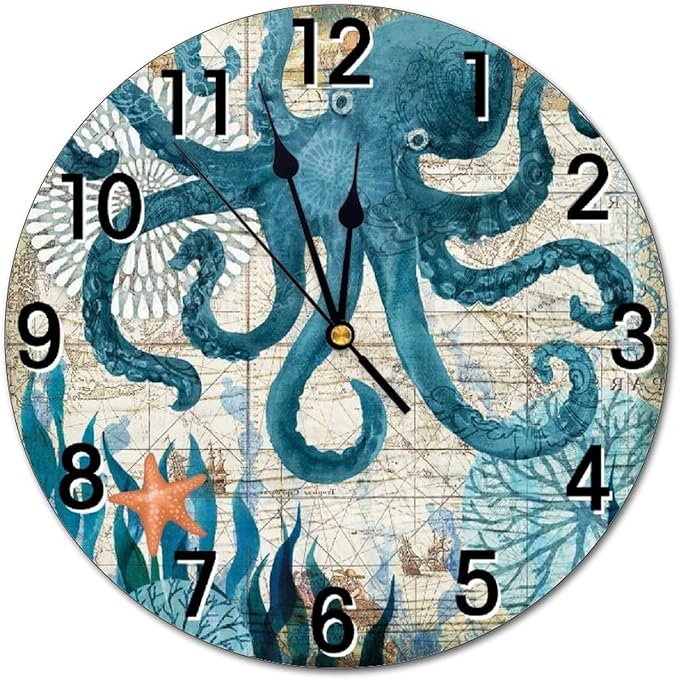Blue Octopus Nautical Map Wall Clock Battery Operated Silent Round Clock Wall Decor for Home Office School, 12 Inch