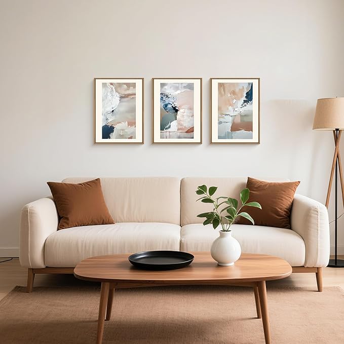 Abstract Brush Strokes Framed Canvas Wall Art,Neutral Navy Blue Wall Decor,Modern Pastel Wall Painting,Grey White Toned Artwork for Living Room,Bedroom,Dining Room,Office -12"x16"x3