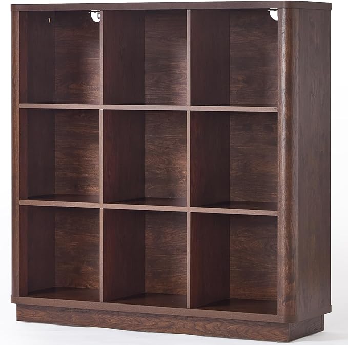 9 Cube Bookshelf, 40.5" Wide Organizer Bookcase with Curved Edge, Wood Floor Standing 3-Tier Cubby Book Shelf with Base, Vintage Display Storage Cabinet for Living Room, Home Office, Walnut