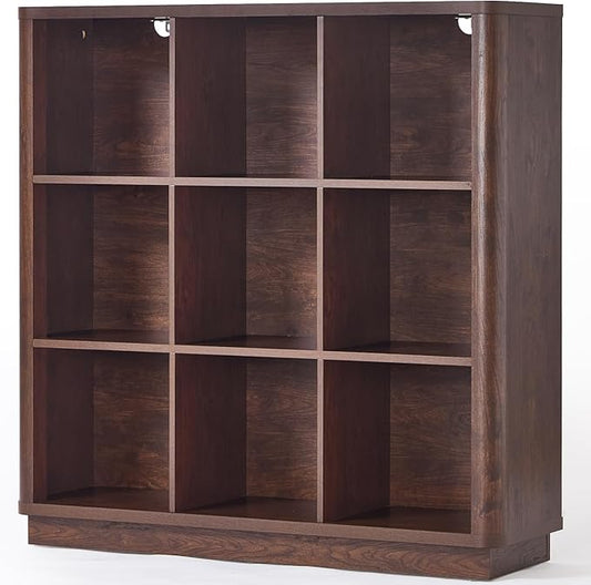 9 Cube Bookshelf, 40.5" Wide Organizer Bookcase with Curved Edge, Wood Floor Standing 3-Tier Cubby Book Shelf with Base, Vintage Display Storage Cabinet for Living Room, Home Office, Walnut
