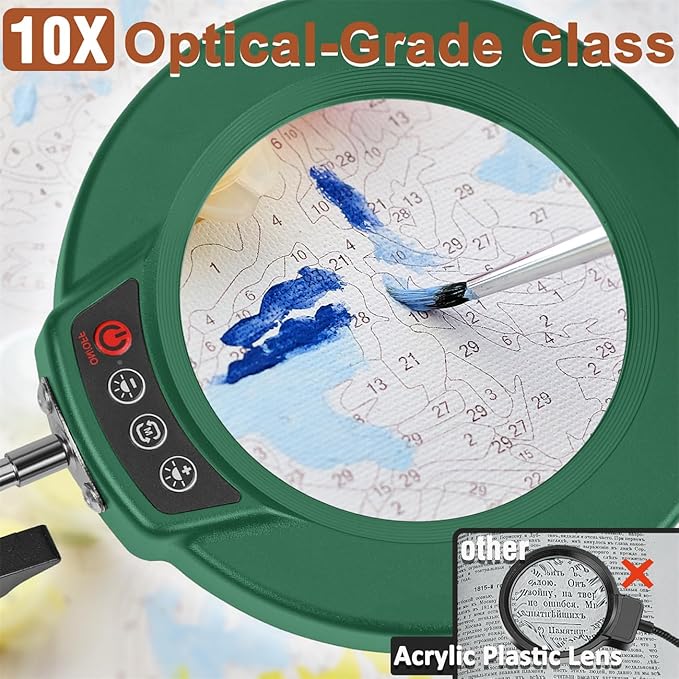 LANCOSC 10X Magnifying Glass with Light and Stand, 3-in-1 Adjustable Swing Floor Lamp, 5 Color Modes Stepless Dimmable, LED Lighted Hands Free Magnifier & Clamp for Reading, Crafts, Painting - Green