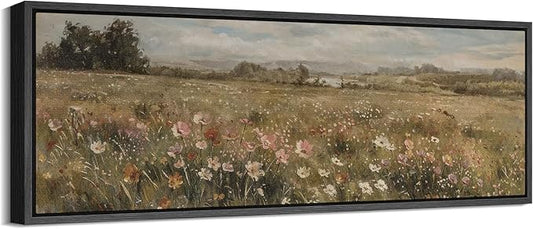 SIGNFORD Large Framed Canvas Pastoral Flower Field Landscape Classic Illustrations Modern Art Calm Warm for Living Room, Bedroom, Office - 60"x20"
