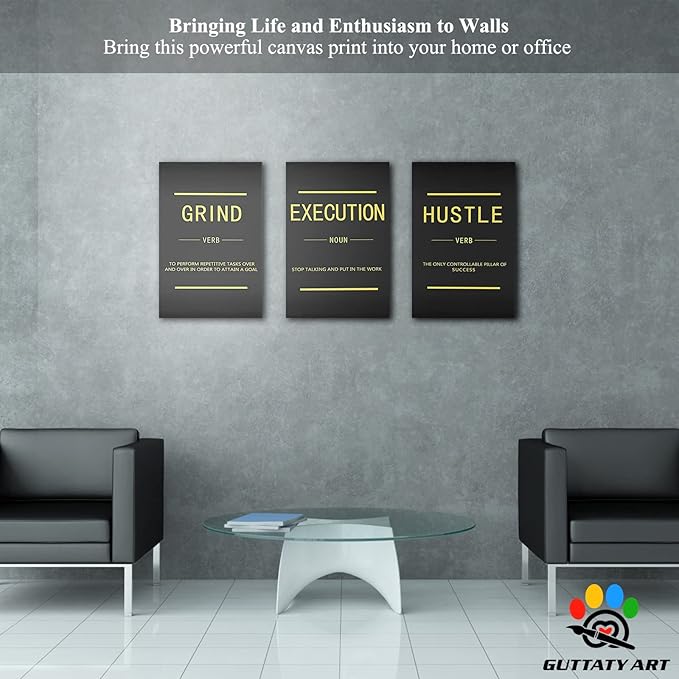 Office Wall Art - 3 Panel Motivational Wall Art, Inspirational Quotes Canvas Art for Home Office Wall Decor, Positive Quotes Wall Decor, Entrepreneur Grind Hustle Execution Poster Frame (16”x24”x3Pcs)
