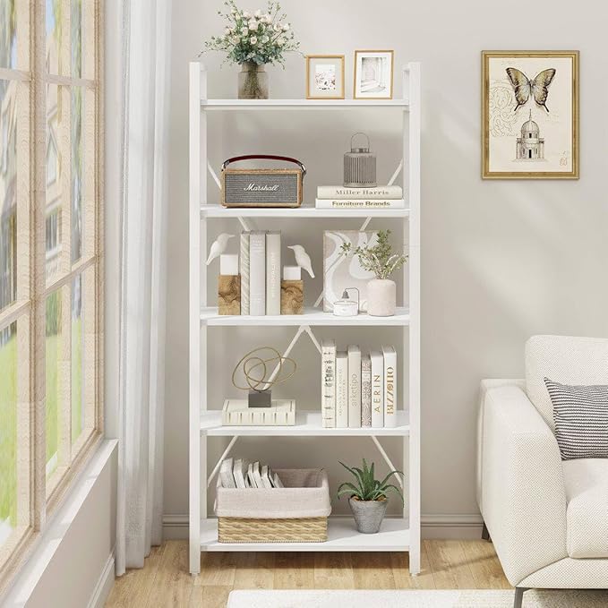 FATORRI 5 Tier Bookshelf, Metal and Wood Bookcase, Etagere Book Shelf for Display, Modern Shelving Unit Tall Book case for Home Office, Living Room (White Oak)