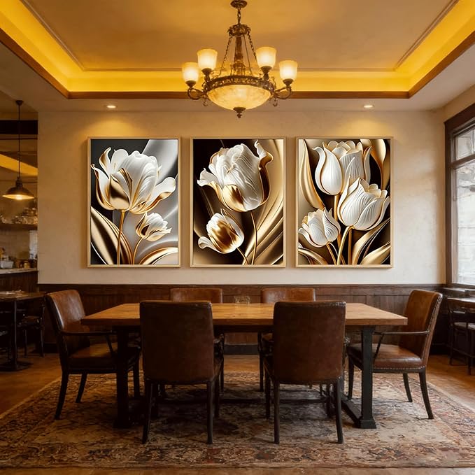 3Pcs Abstract White Gold Floral Wall Art Modern Luxury Minimalism Painting Pictures Wall Decor tulip Plants Posters Prints Artwork for Living Room Bedroom Office Home Decoration 16 x 24in unframed