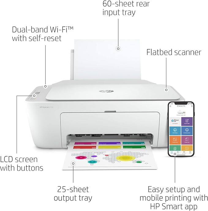 HP DeskJet 2752 All-in-One Color Inkjet Printer Scanner and Copy with Mobile Printing, Wireless Printers for Home and Office, Instant Ink Ready, Dual-Band WiFi, White (Renewed)