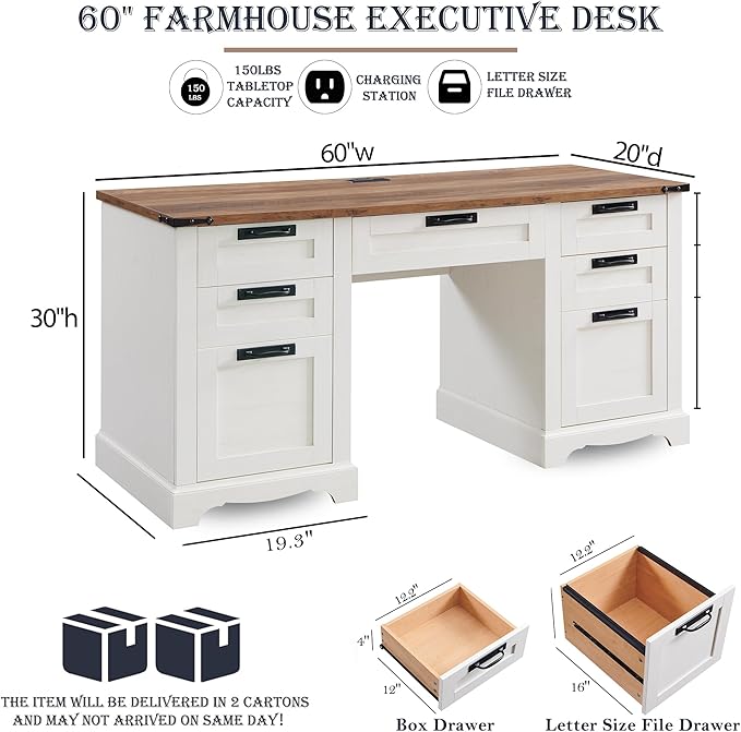 RedLemon 60" Farmhouse Executive Desk with Drawers, Wood Home Office Desk w/Charging Station, Keyboard Tray, File Drawer, Storage Cabinet, Rustic Computer Writing Desk (Antique White)