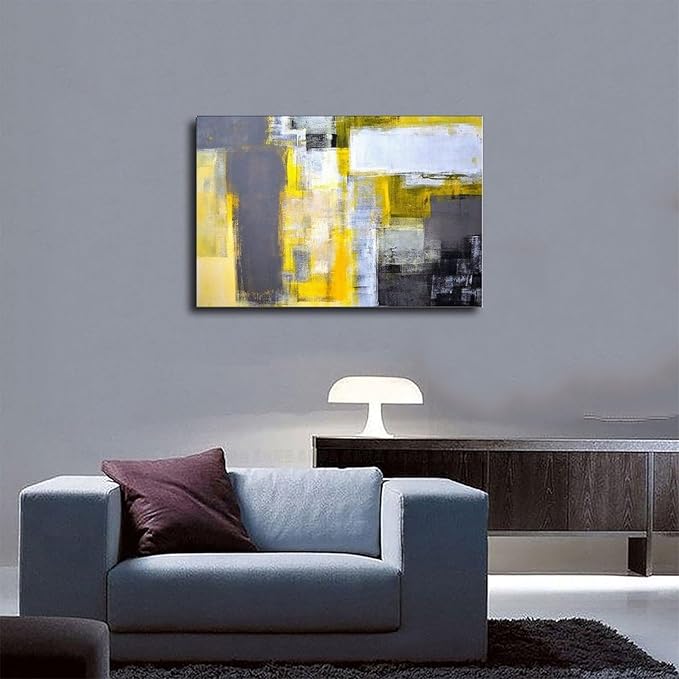 KARKOS Office Art Grey And Yellow Abstract Art Painting Canvas Wall Art Picture Print Home Deco 36x24inch(90x60cm) Frame-style
