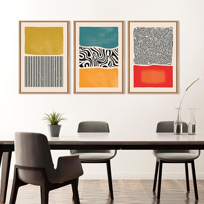 HLNIUC Large Mid Century Modern Wall Art Framed 16x24, Boho Abstract 3 Piece Canvas Decor, Mcm Vintage Bohemian Color Block Painting, Geometric Line Art Print for Living Room, Bedroom, Office