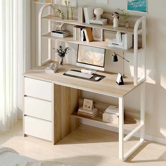Computer Desk with Hutch, 47 Inch Small Desk with 3 Drawers for Bedroom, Study Writing Desk with Shelves for Small Spaces, Adjustable Feet, Walnut