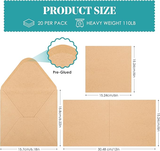 Blank Card and Envelopes 20K 6 X 6 Inch Kraft Brown Heavyweight 100LB Folded Kraft Cardstock Paper Square Envelopes for for DIY Greeting Cards, Wedding, Invitations, Baby Shower,& All Occasion