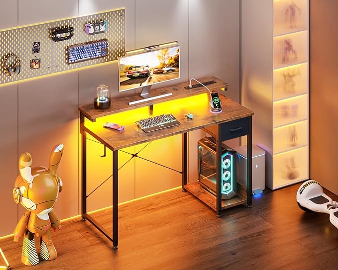 AODK Gaming Desk with LED Lights & Power Outlet, 40 Inch Computer Desk with Drawer, Reversible Small Desk with Monitor Stand & Headphone Hook for Home Office, Rustic Brown