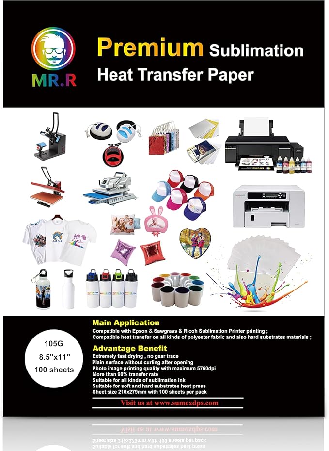 MR.R Premium Sublimation Heat Transfer Paper for Epson and Sawgrass,105gsm 8.5"x11" 100 sheets USA Letter Size per pack