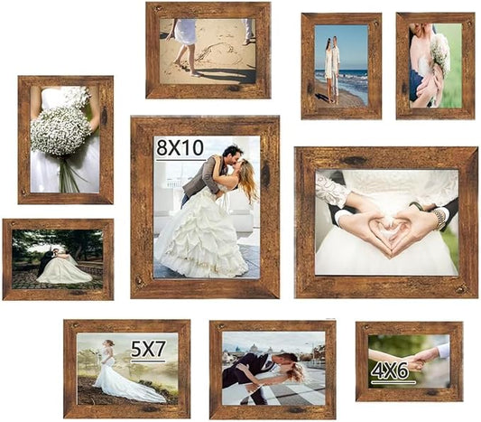 10 pack Picture Frame Set with Two 8x10,Four 5x7,Four 4x6, Rustic Collage Gallery Wall Frame, Farmhouse wood Photo Frames for living room Wall Gallery Decor or Desk,Rustic Brown