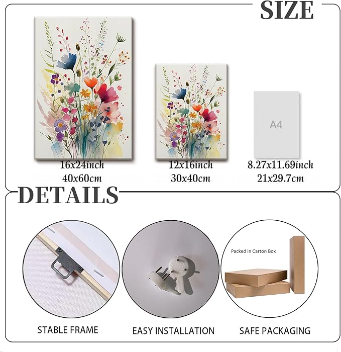 KISSFOX 3 Piece Canvas Wall Art Wildflowers Wall Decor Floral Pictures Botanical Paintings Colorful Prints Watercolor Artwork For Bedroom Bathroom Living Room