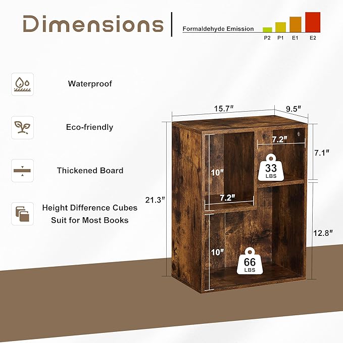 VECELO 3-Cube Small Bookshelf, Modern Bookcases with Shelves Height Up to 12.8 Inches, Suit for Common Size Textbook, Vertical or Horizontal, Cubby Storage Organizer,Rustic Brown