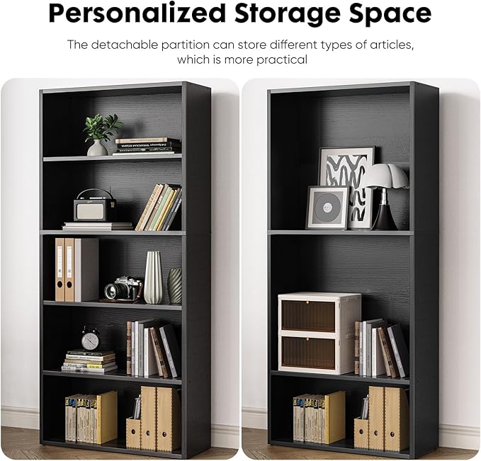 Book Shelf, 5-Tier Bookcase with Adjustable Shelves, Open Storage Shelves for Organization, 23.82 x 9.25 x 53, for Bedroom, Living Room, Home, Office, Black