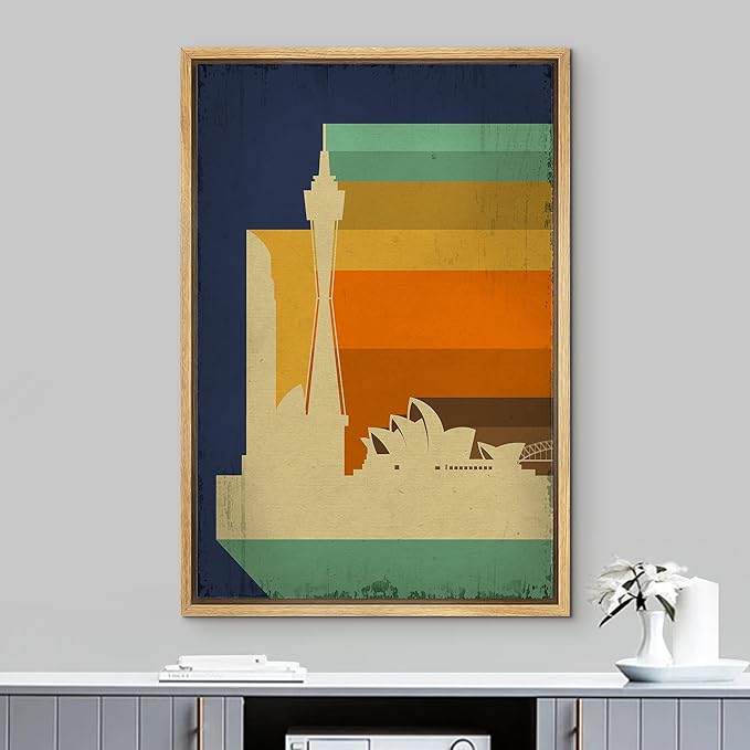 IDEA4WALL Framed Canvas Print Wall Art Retro Vintage Sydney Australia Cultural Building Illustrations Modern Art Contemporary Scenic Warm for Living Room, Bedroom, Office - 16"x24" NATURAL